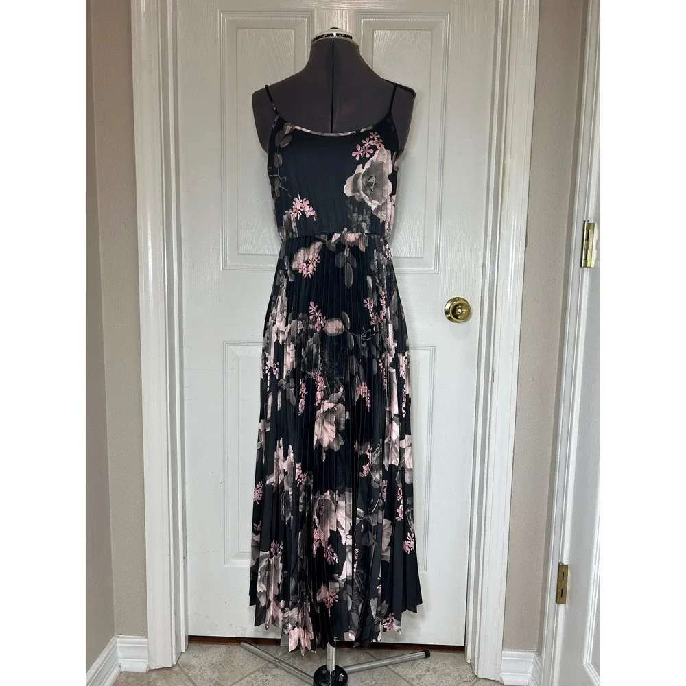 AllSaints Leowa Gia Black Pink Floral Pleated Midi Romantic Moody Slip Dress M - Picture 3 of 12
